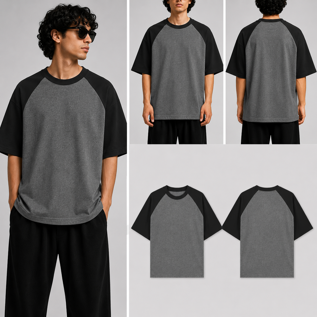 Plain Black Charcoal Melange Unisex Oversized Raglan T-Shirt for man & women