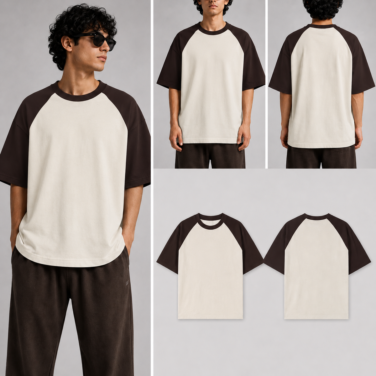 Plain Coffee brown Off white Unisex Oversized Raglan T-Shirt for man & women
