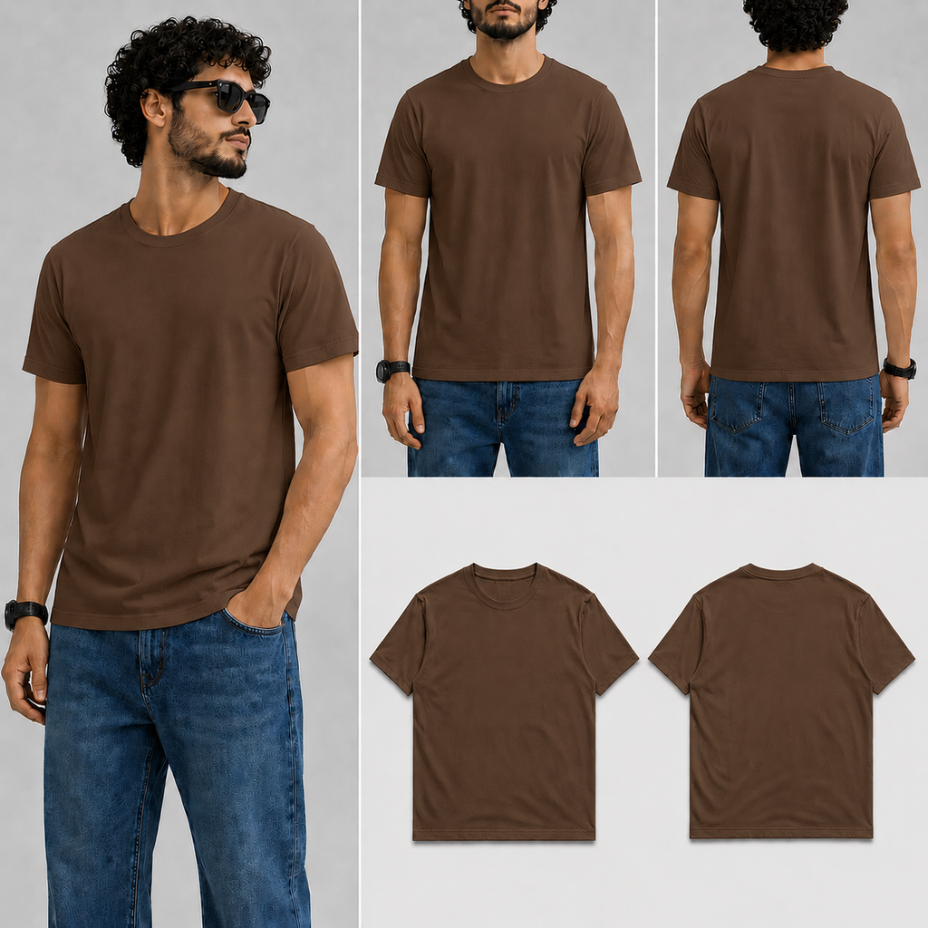 Plain Coffee Brown Male Round Neck Half Sleeve T-Shirt