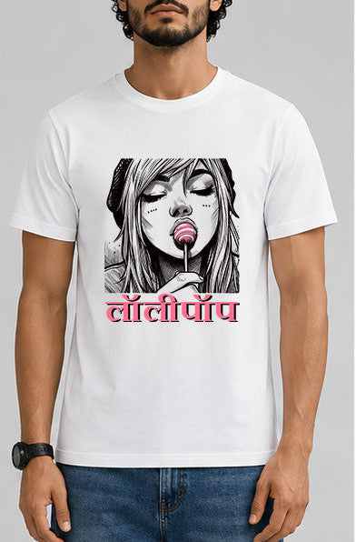 Girl with Lollipop Male Round Neck Half Sleeve T-Shirt