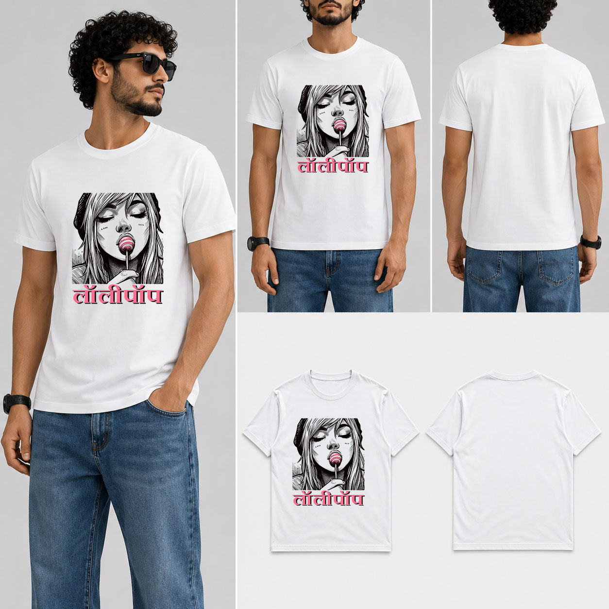 Girl with Lollipop Male Round Neck Half Sleeve T-Shirt