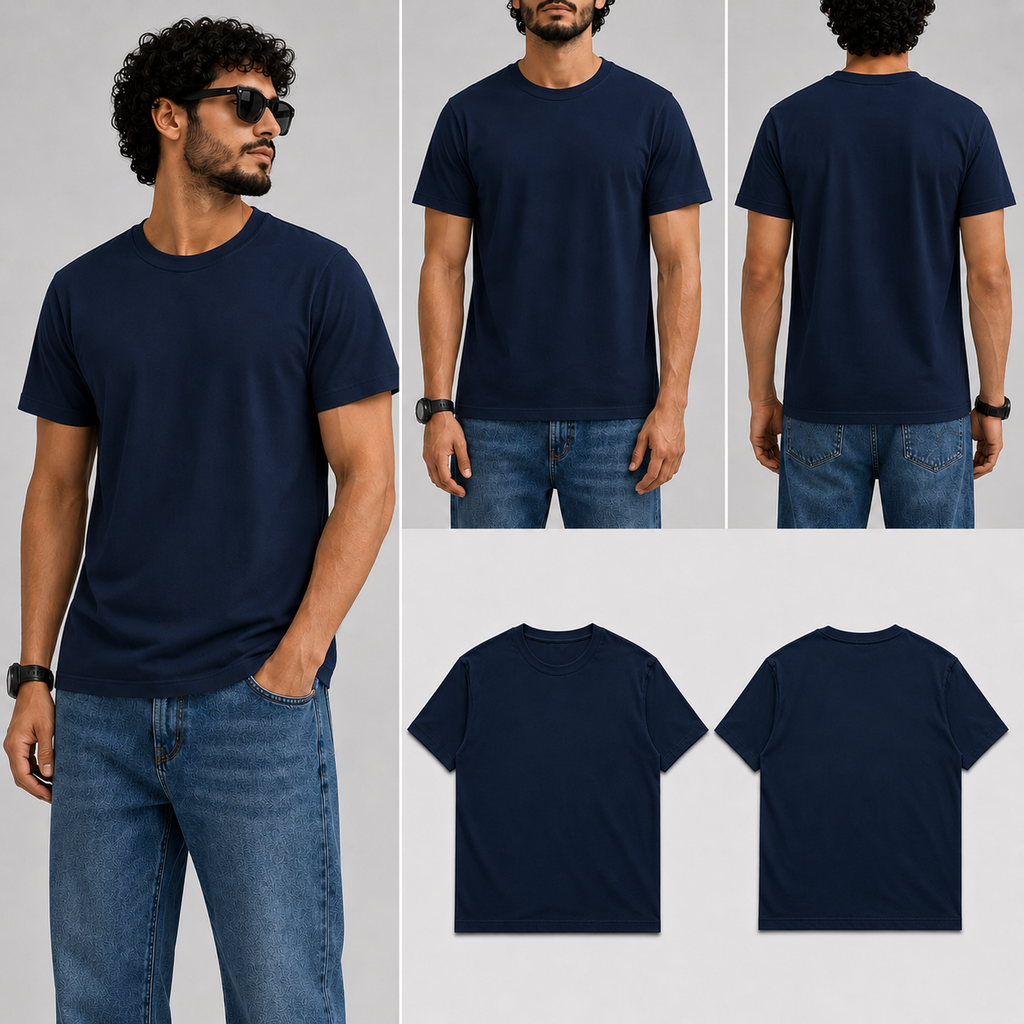 Plain Navy Blue Male Round Neck Half Sleeve T-Shirt