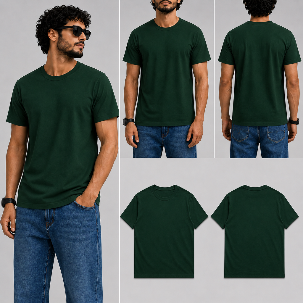 Plain Dark green Male Round Neck Half Sleeve T-Shirt